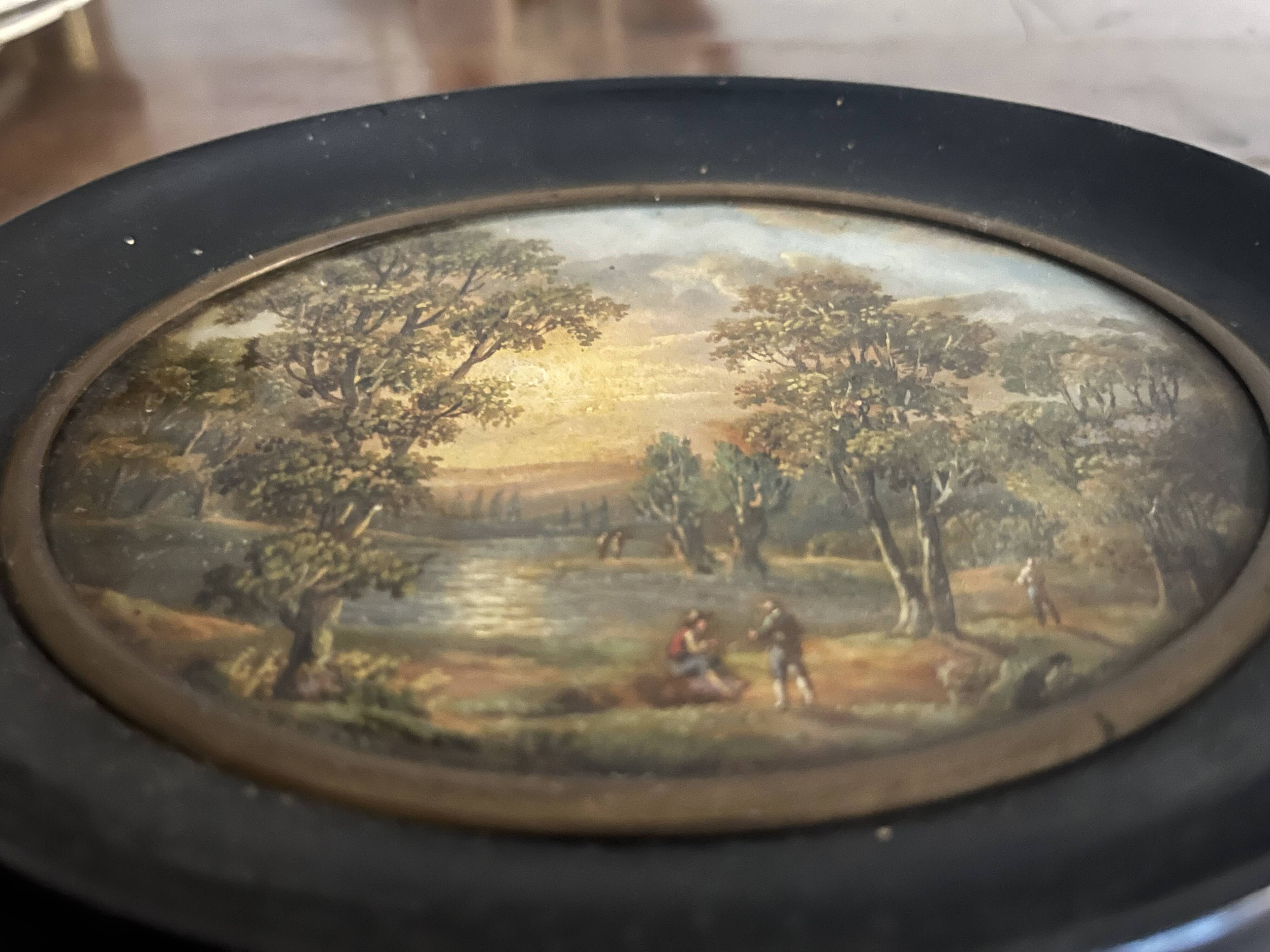 Miniature sur bois, paysage, romantique