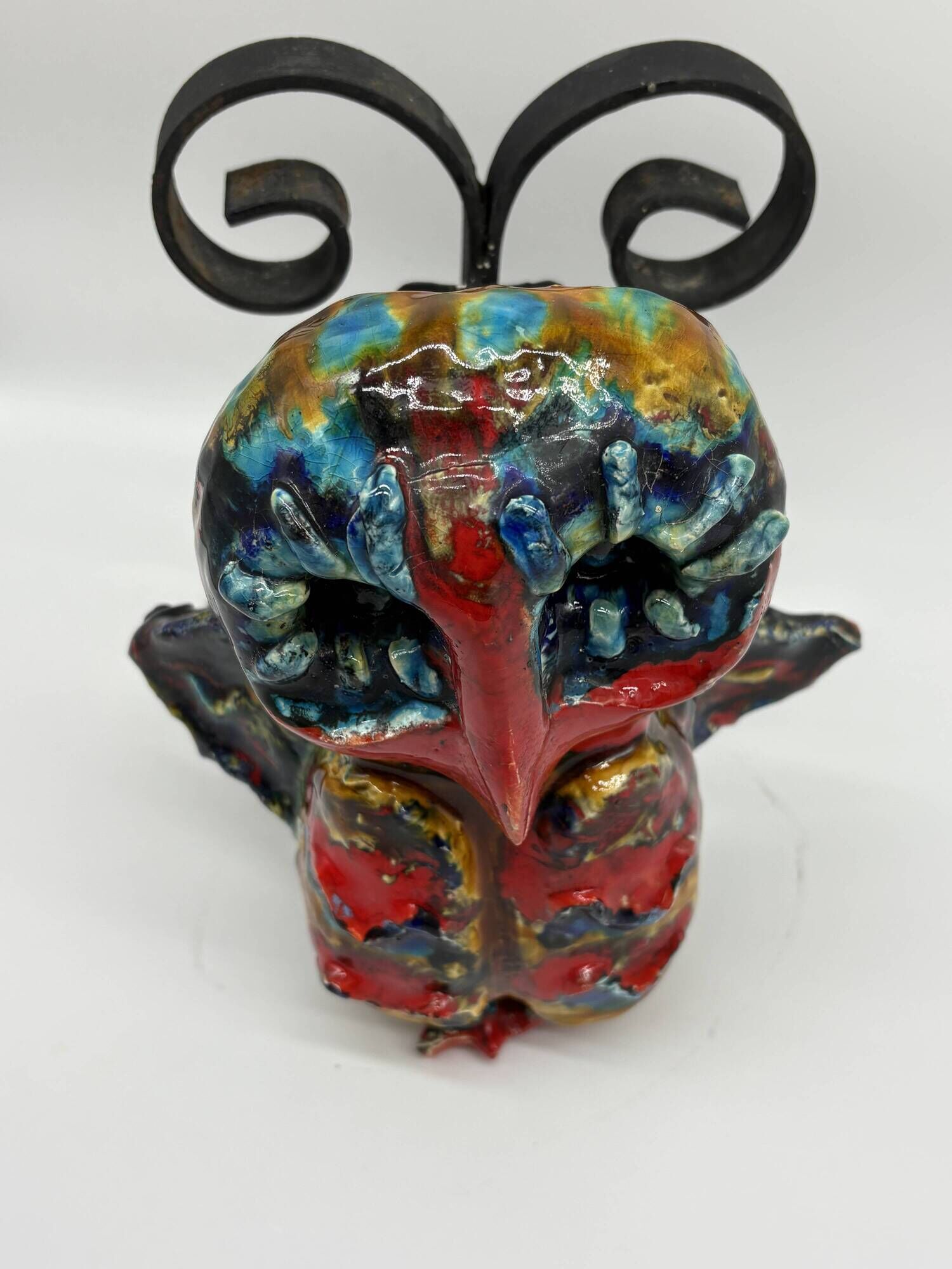 Owl Sculpture in Glazed Ceramic Dated 1991 on Wrought Iron Base