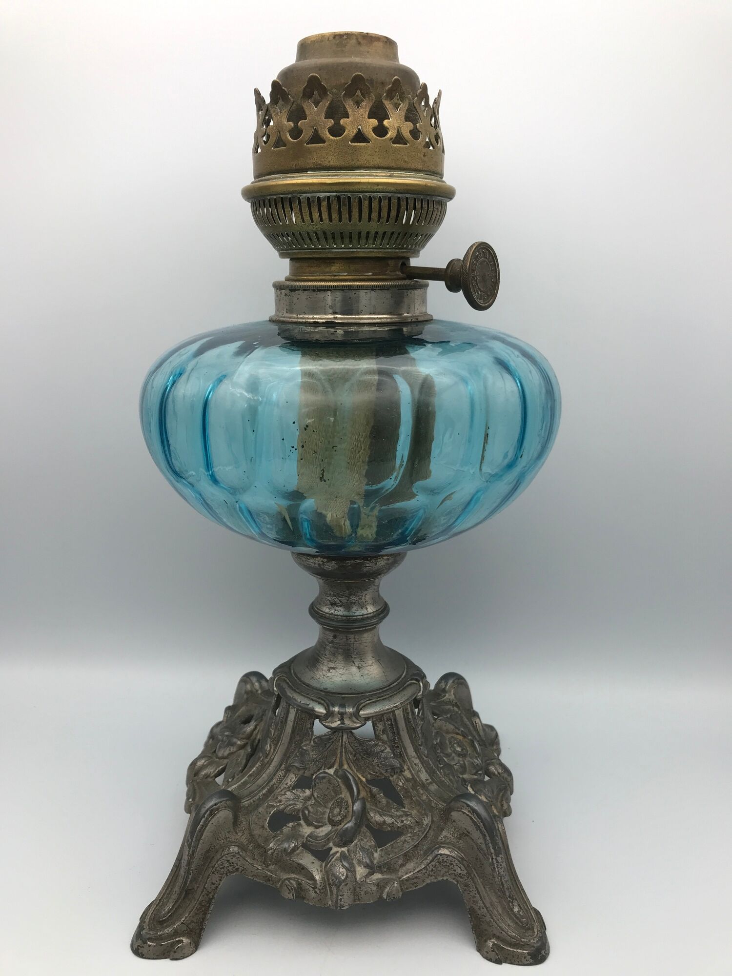 Regulated kerosene lamp foot baroque style blue glass bowl