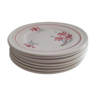 8 Assiettes en faience, fond blanc à fleurs roses peintes main