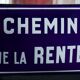 Old Enamelled and bulging "Chemin de la Rente" street plate, in perfect condition, on its cast iron support