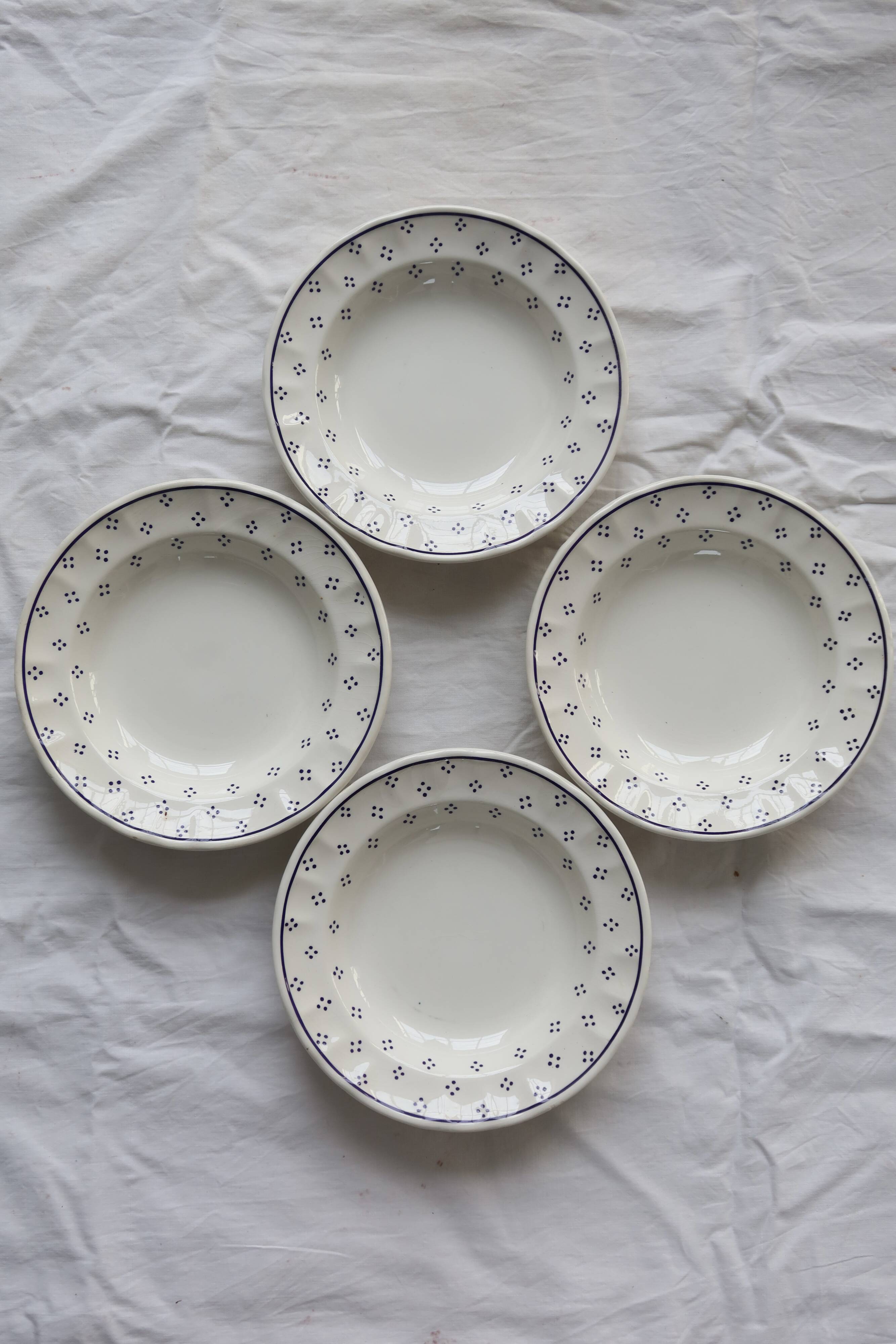 4 vintage white porcelain soup plates - Blue polka dot pattern