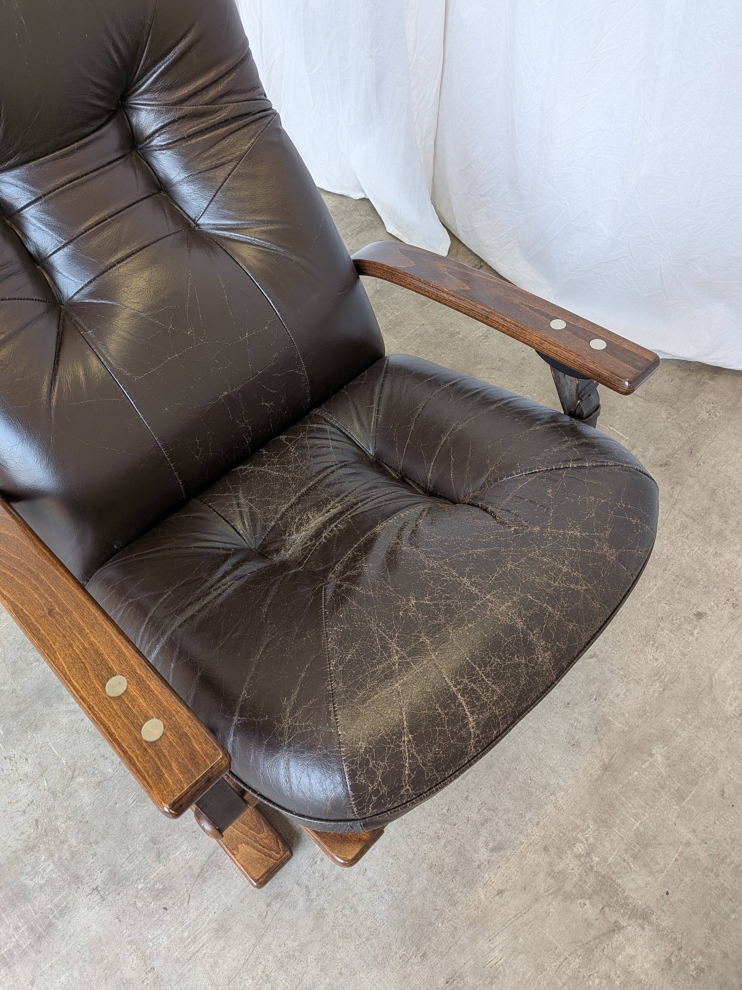 Vintage Panther Lounge Chair with Ottoman / Brown Leather Recliner Armchair
