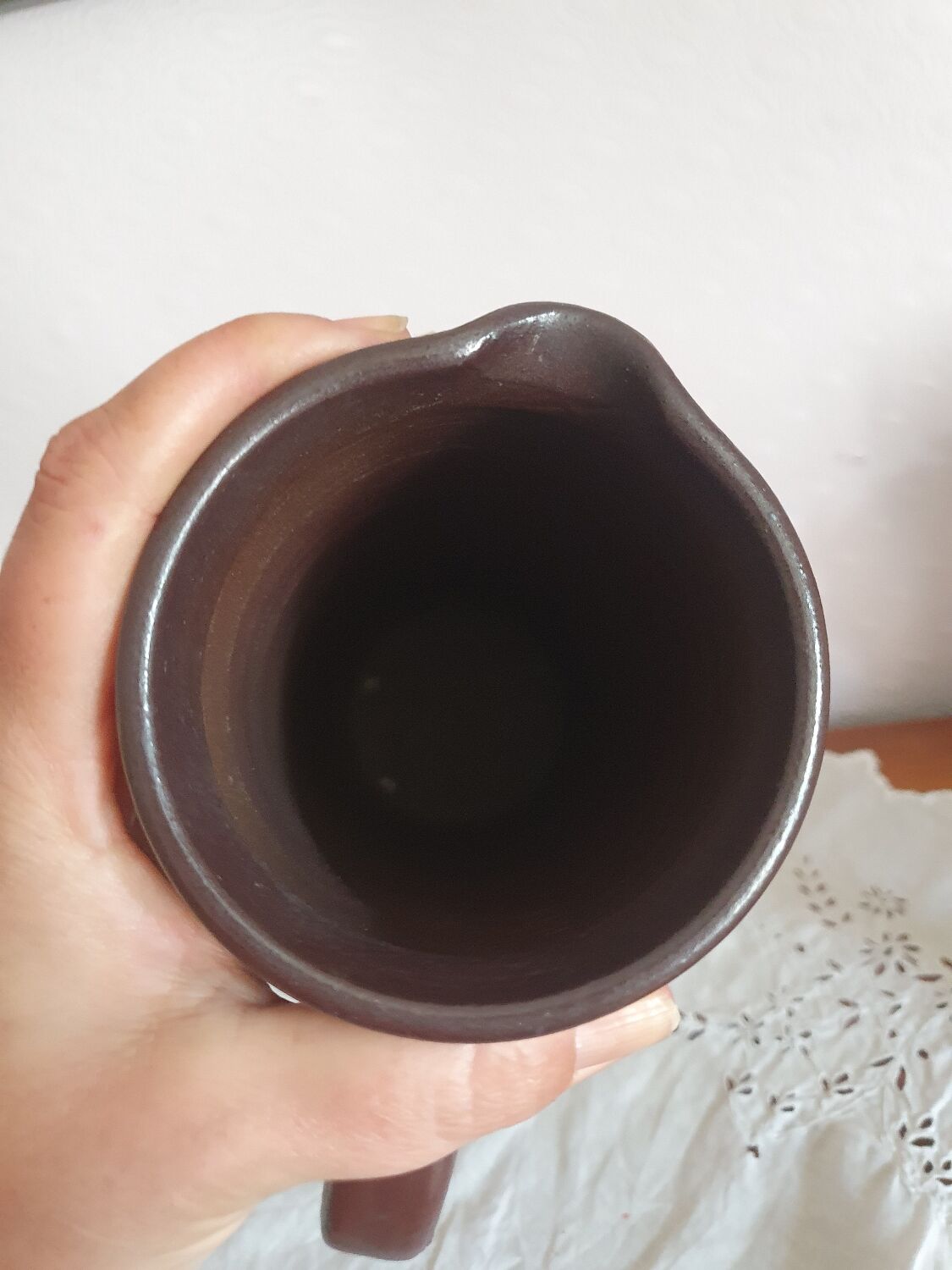 Vintage enameled stoneware pitcher signed