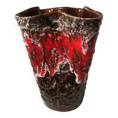 Vase en faïence de Vallauris rouge, marron et blanc