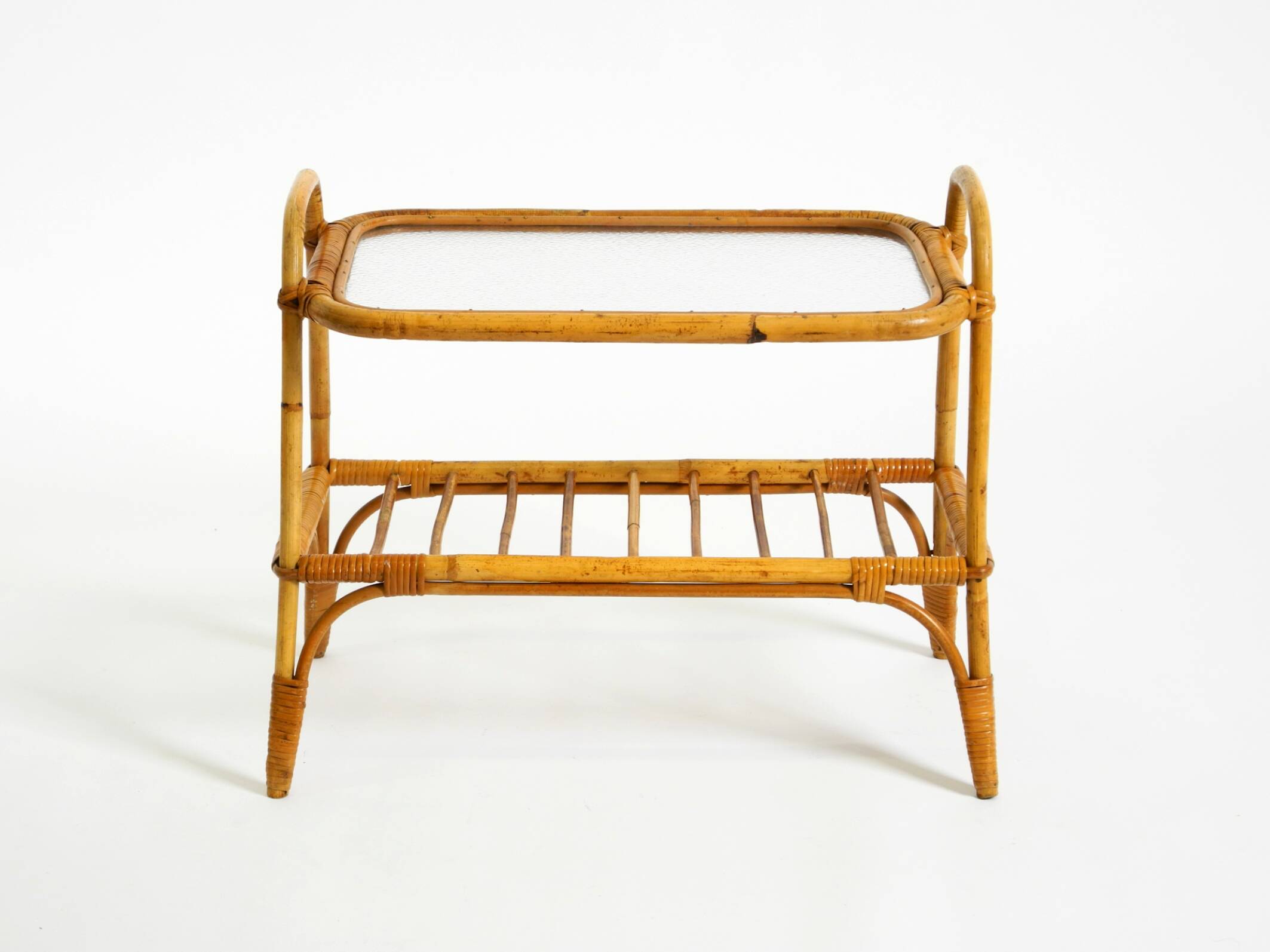 Lovely small Italian 60s bamboo side or coffee table with a iced glass top