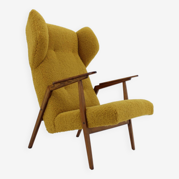 1960s Beech Wing Chair in Sheep Skin Fabric,Restored