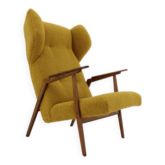 1960s Beech Wing Chair in Sheep Skin Fabric,Restored