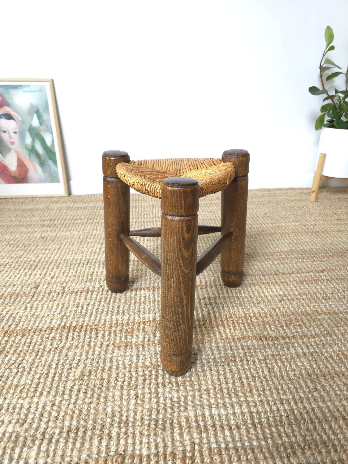 Tabouret bois paille tripode Charles Dudouyt