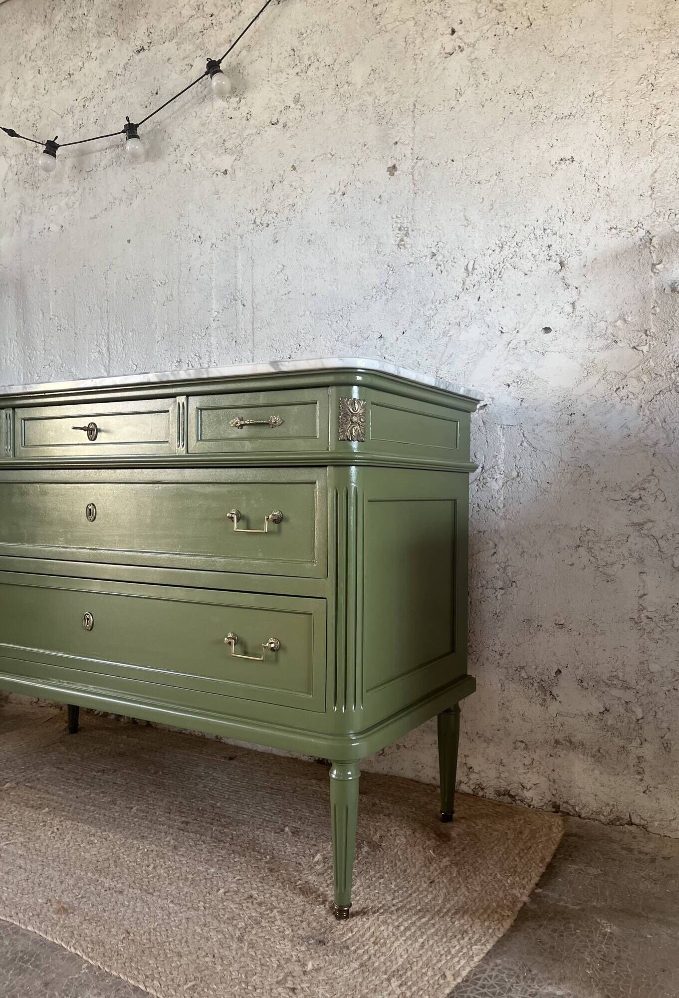 Louis XVI style olive green commode with marble.