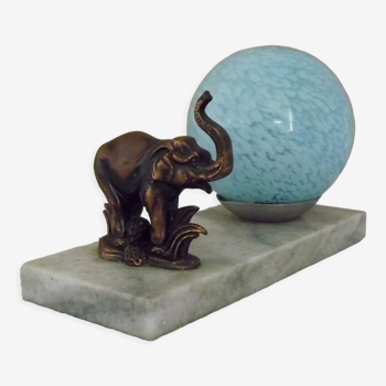 Lampe éléphant tedd art déco socle en marbre abat-jour clichy bleu 4194