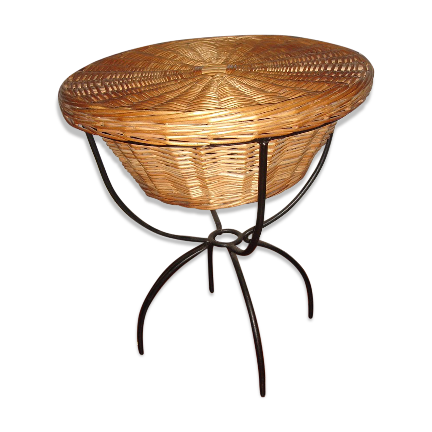 Rattan basket, wicker on foot tripod metal