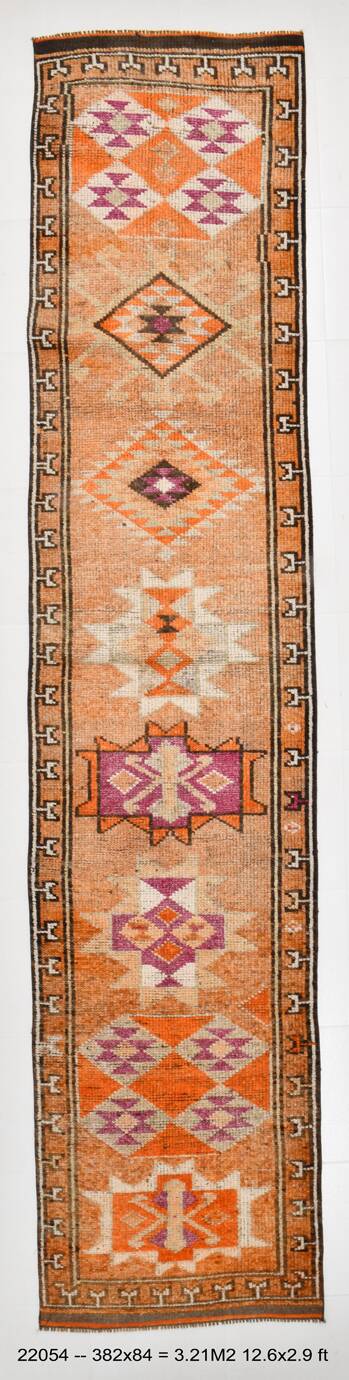 Rare Tapis Runner Vintage Anatolien, Tons Orange et Violet, Fait Main