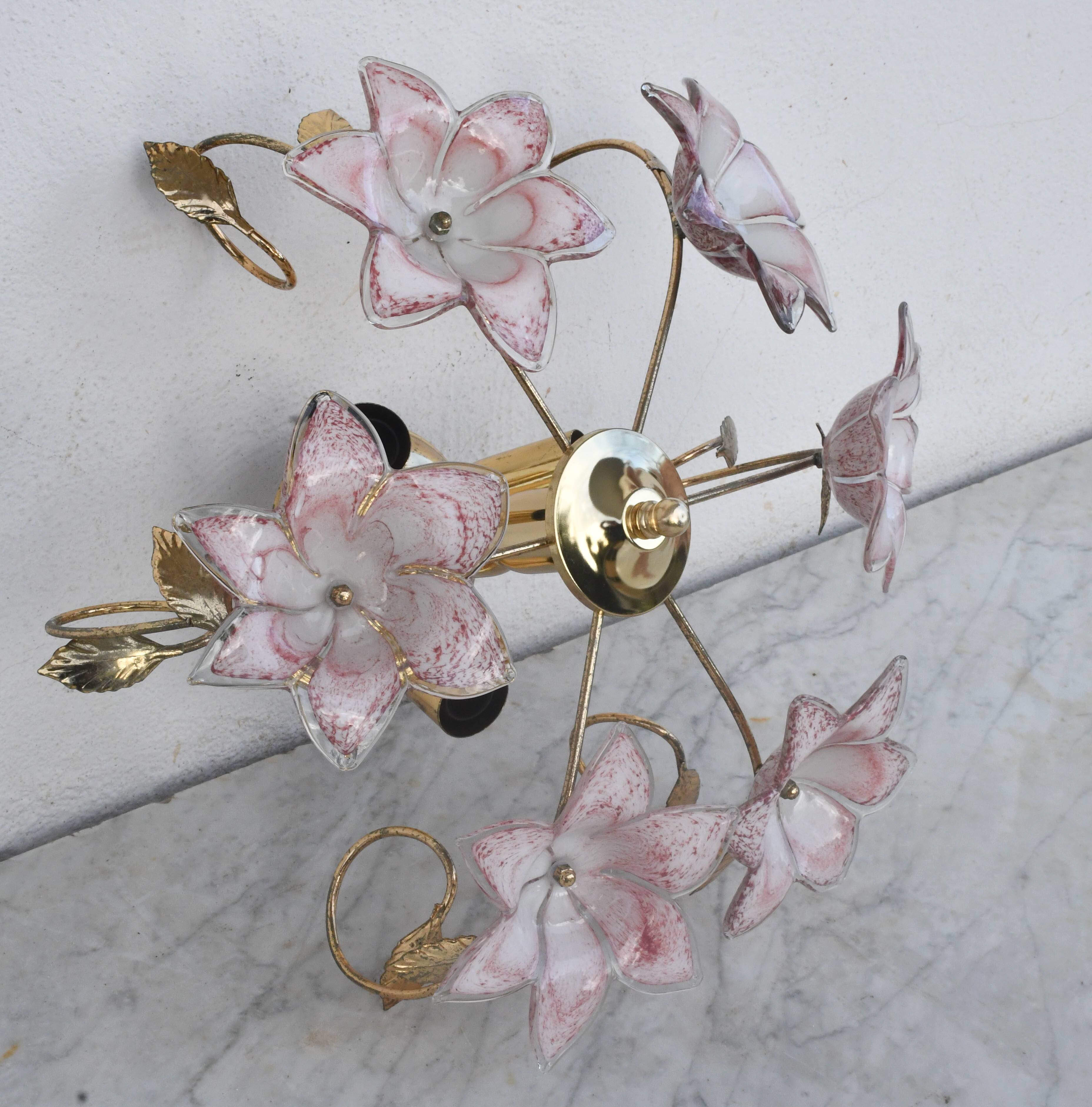 Set of 3 Charming Murano Vintage Ceiling Light Pink Flowers, 1970s