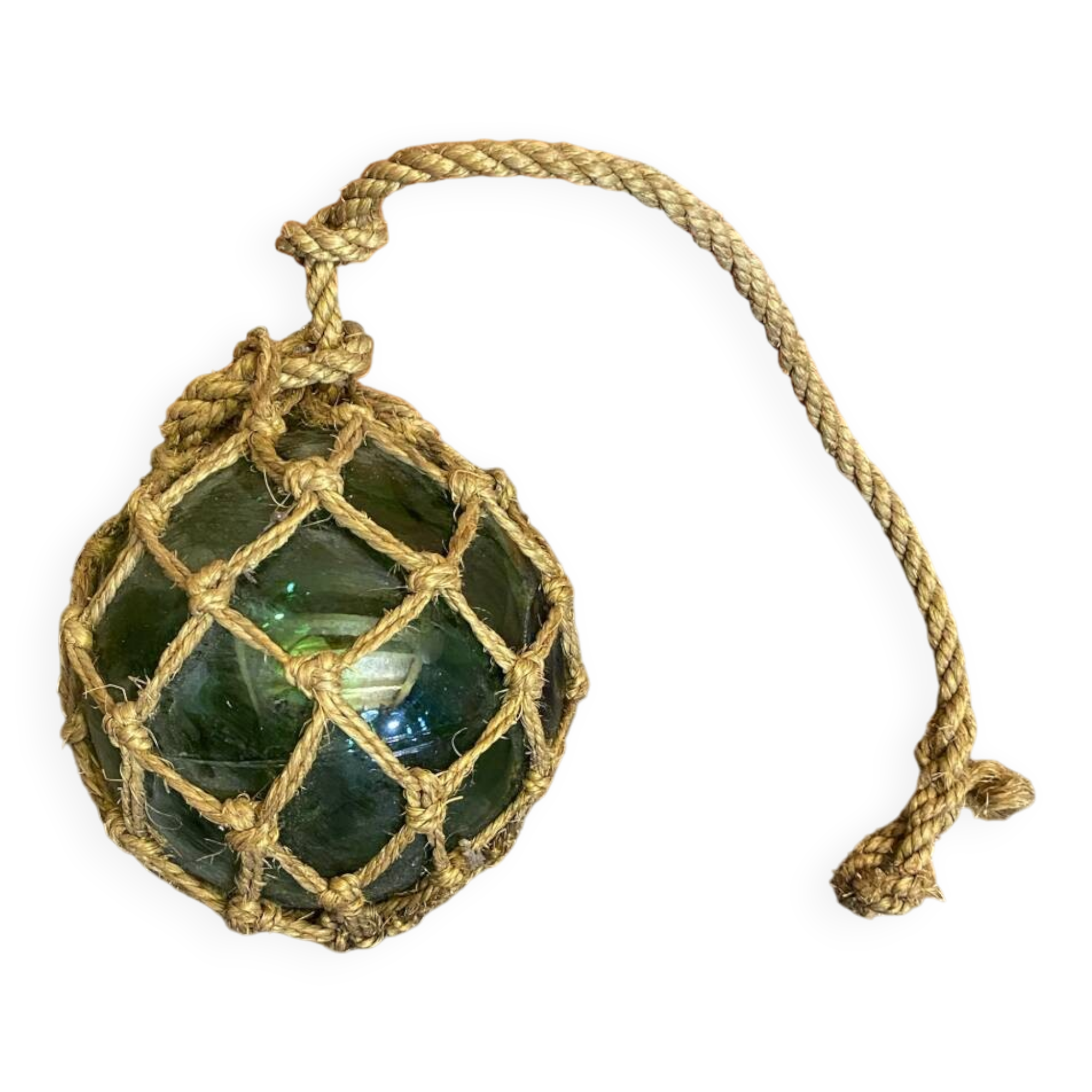 Old Fishing Floater Marine Glass + Vintage Net Rope #D6