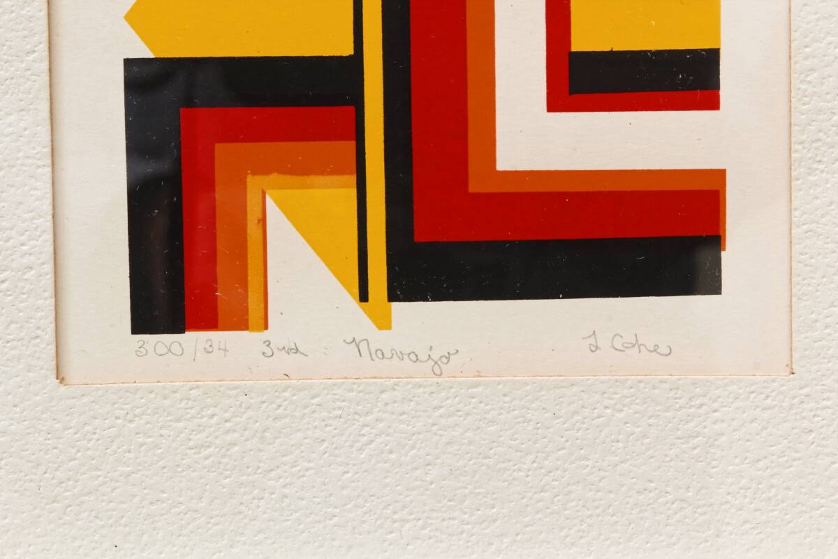 Set of two abstract screen prints, signed L Cohe.