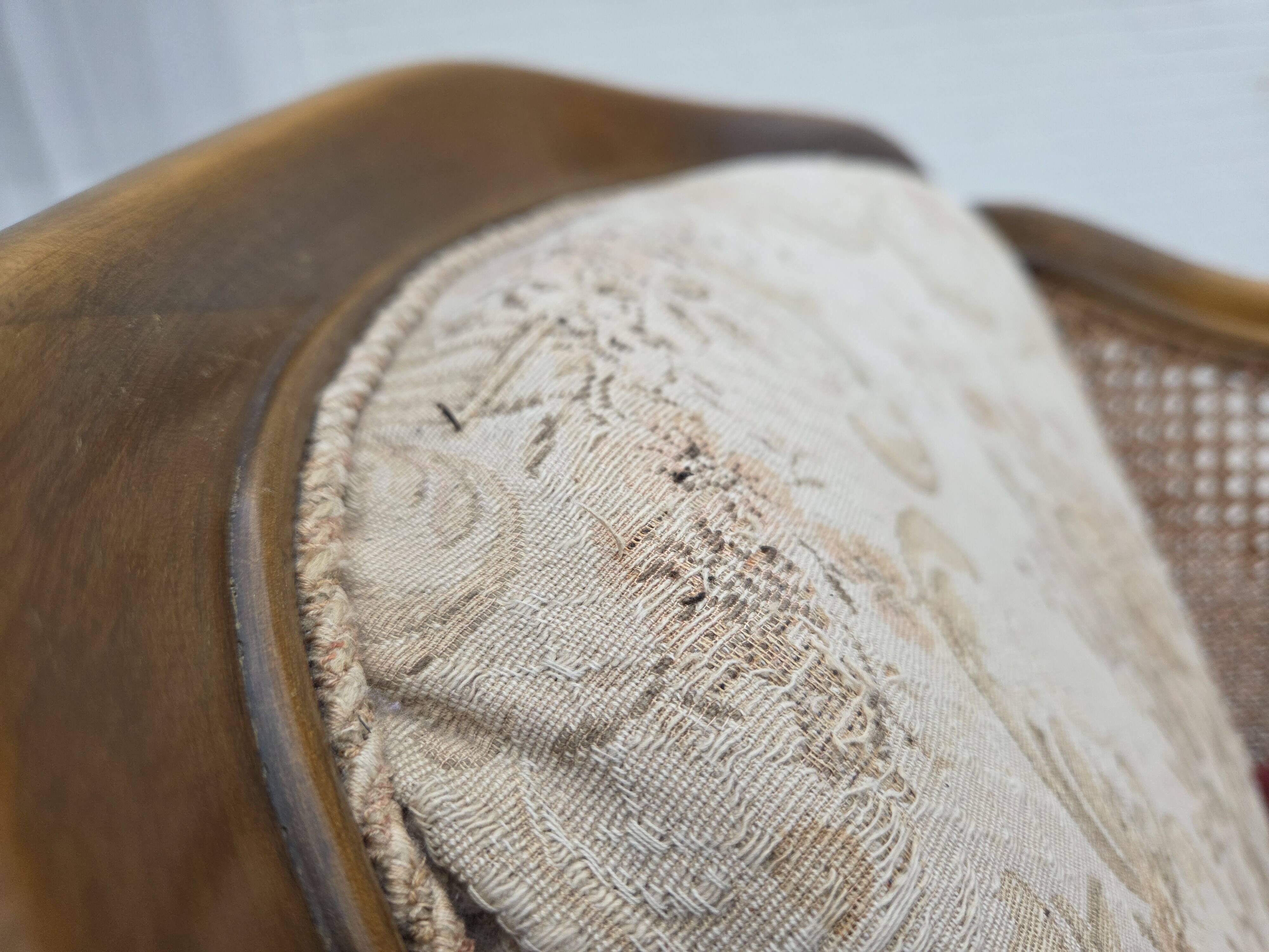 1940s, Danish armchair, woven wool, velour, mesh, carved oak wood.