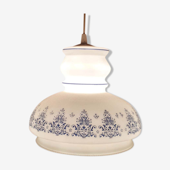 White opaline pendant lamp with blue décor, 60s, vintage