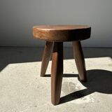 Tripod stool in upcycled teak, low flat - Small tripod stool in brown solid wood, circular seat