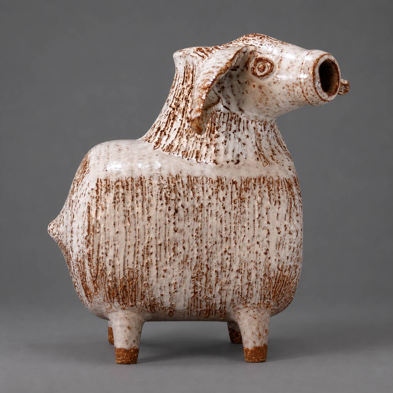 Ceramic sheep figure, sponge-glazed stoneware, Scandinavian mid-century.