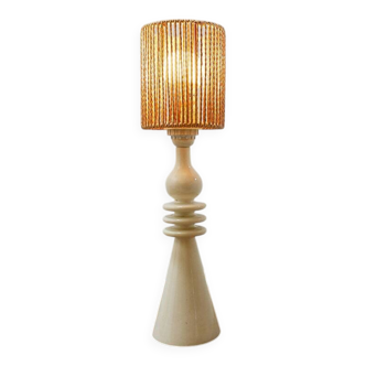 Vintage ceramic table lamp in sand color with a new rope lampshade