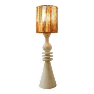 Vintage ceramic table lamp in sand color with a new rope lampshade