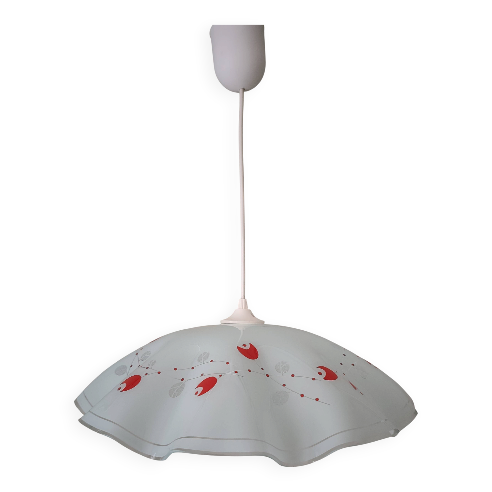 White opaline glass suspension with red and silver floral decoration.