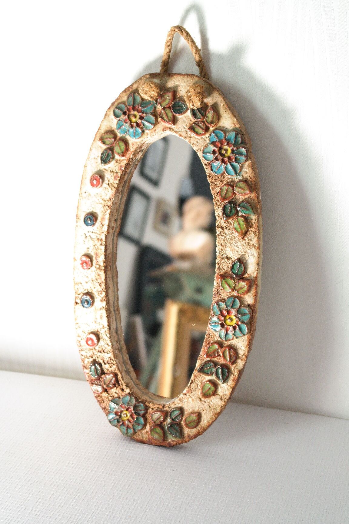 Vallauris ceramic mirror decorated with flowers, circa 1960