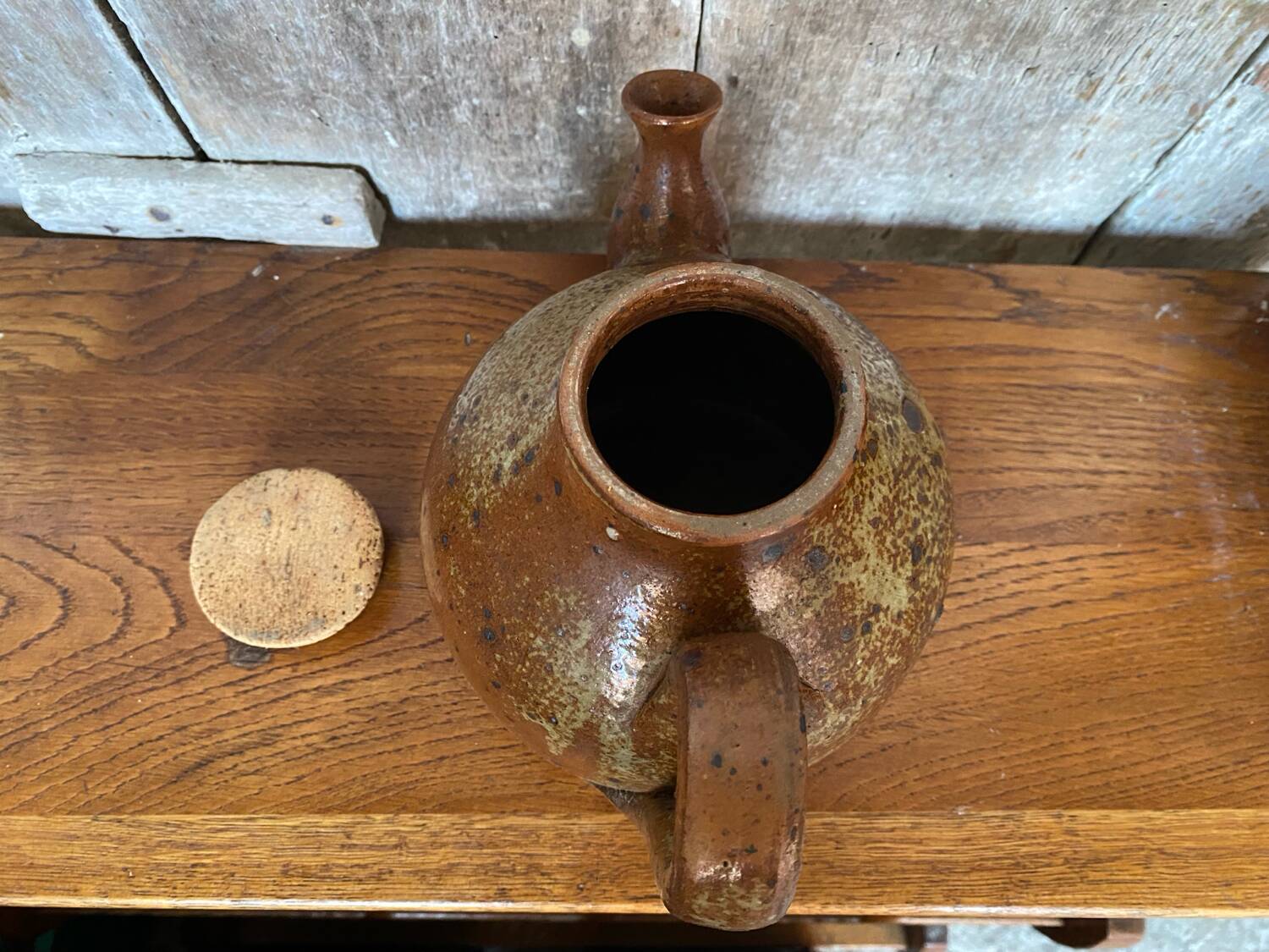 Antique brown beige pyrite stoneware teapot + vintage cork stopper