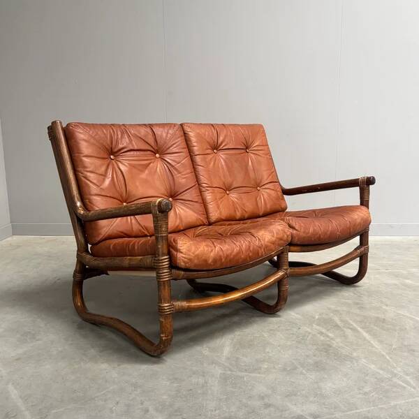 Canapé vintage en bambou et cuir, années 1970