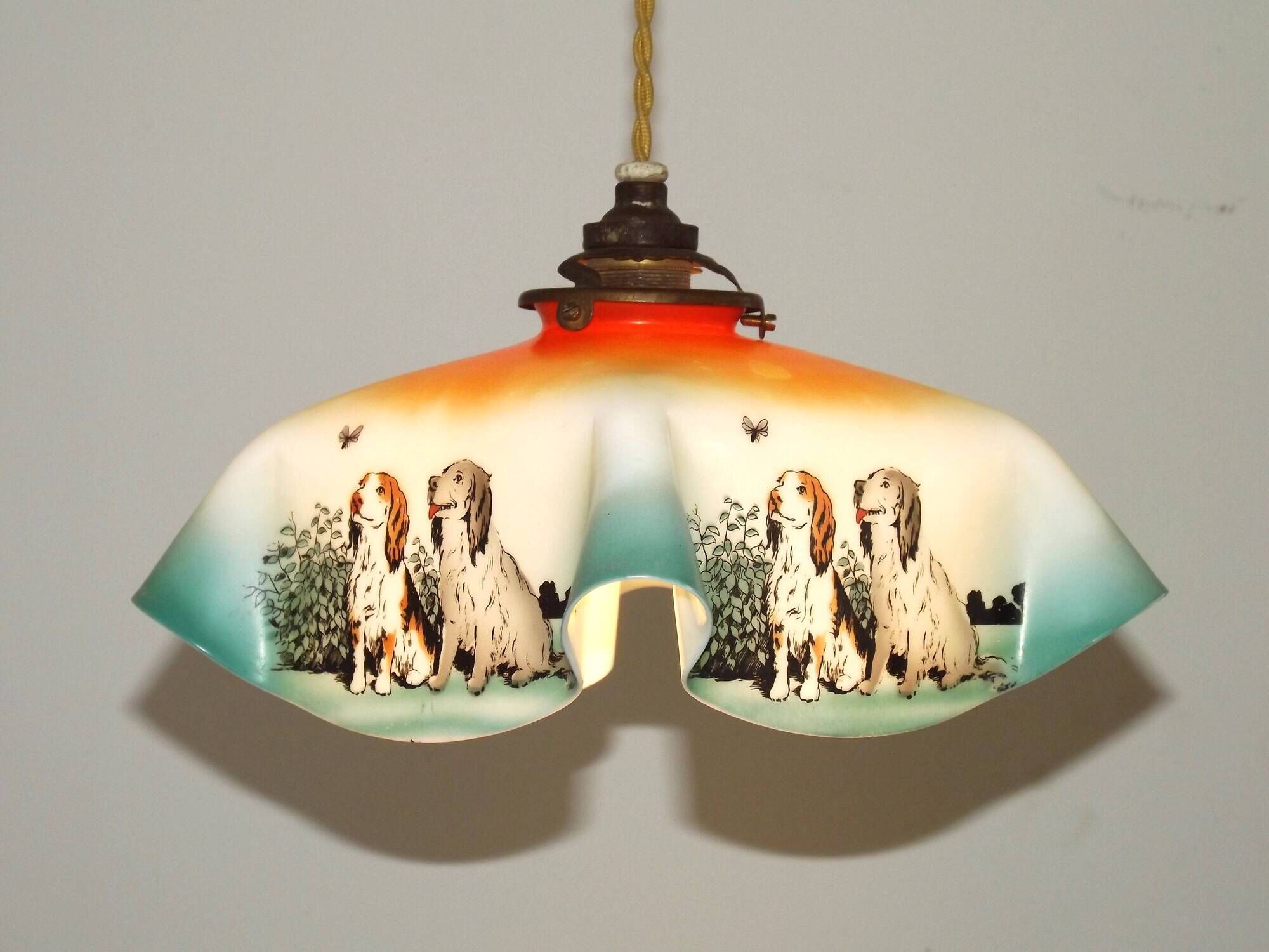 Rare French Art Deco Pendant Light | Illustrated Dog Countryside Shade