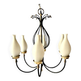 Lustre 6 feux vintage en métal noir et laiton