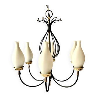 Lustre 6 feux vintage en métal noir et laiton