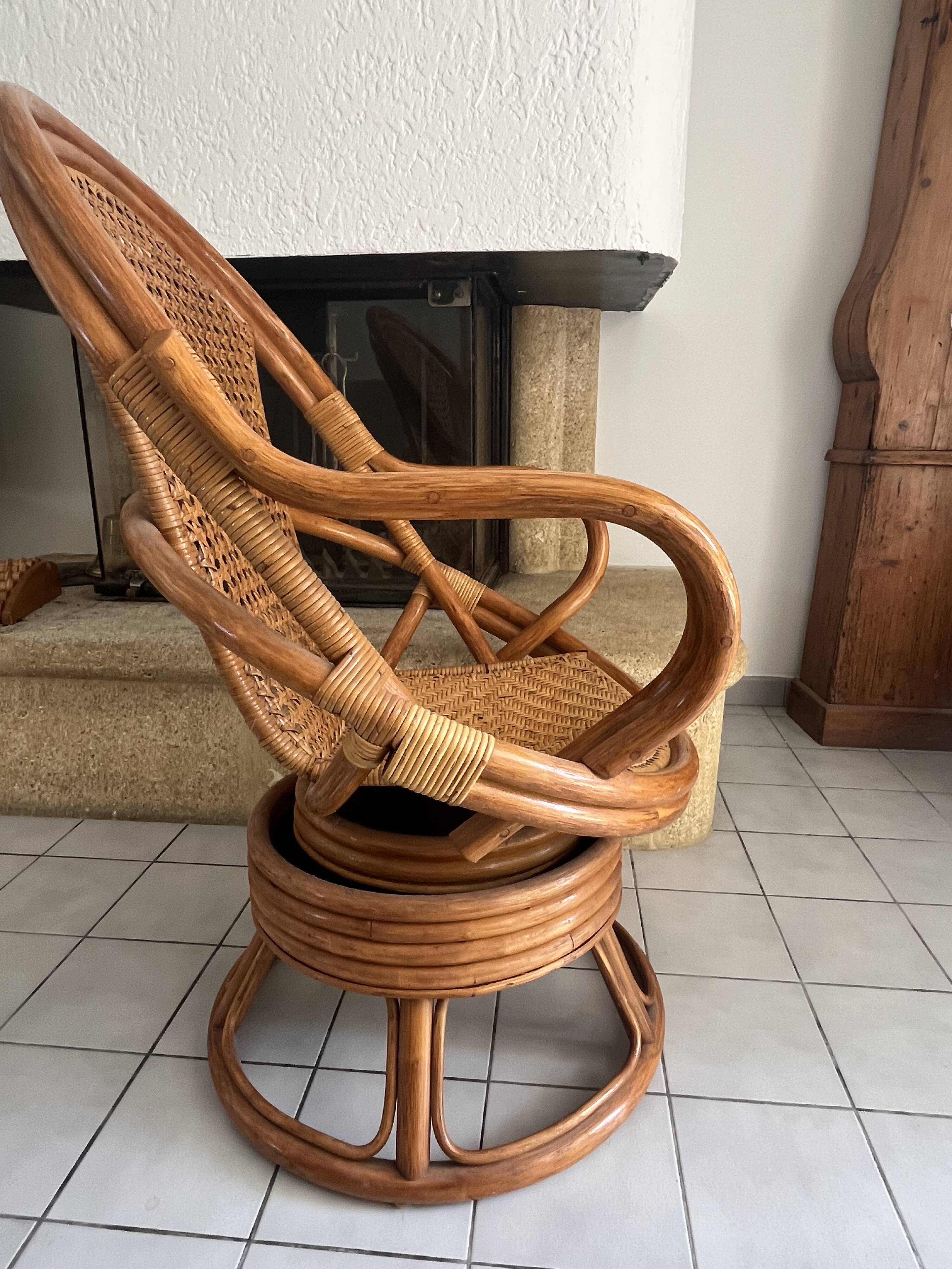 Vintage rattan and cane swivel armchair (1970s/80s) -