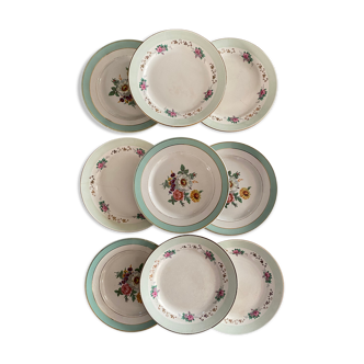 9 old dessert plates flowered in green.
