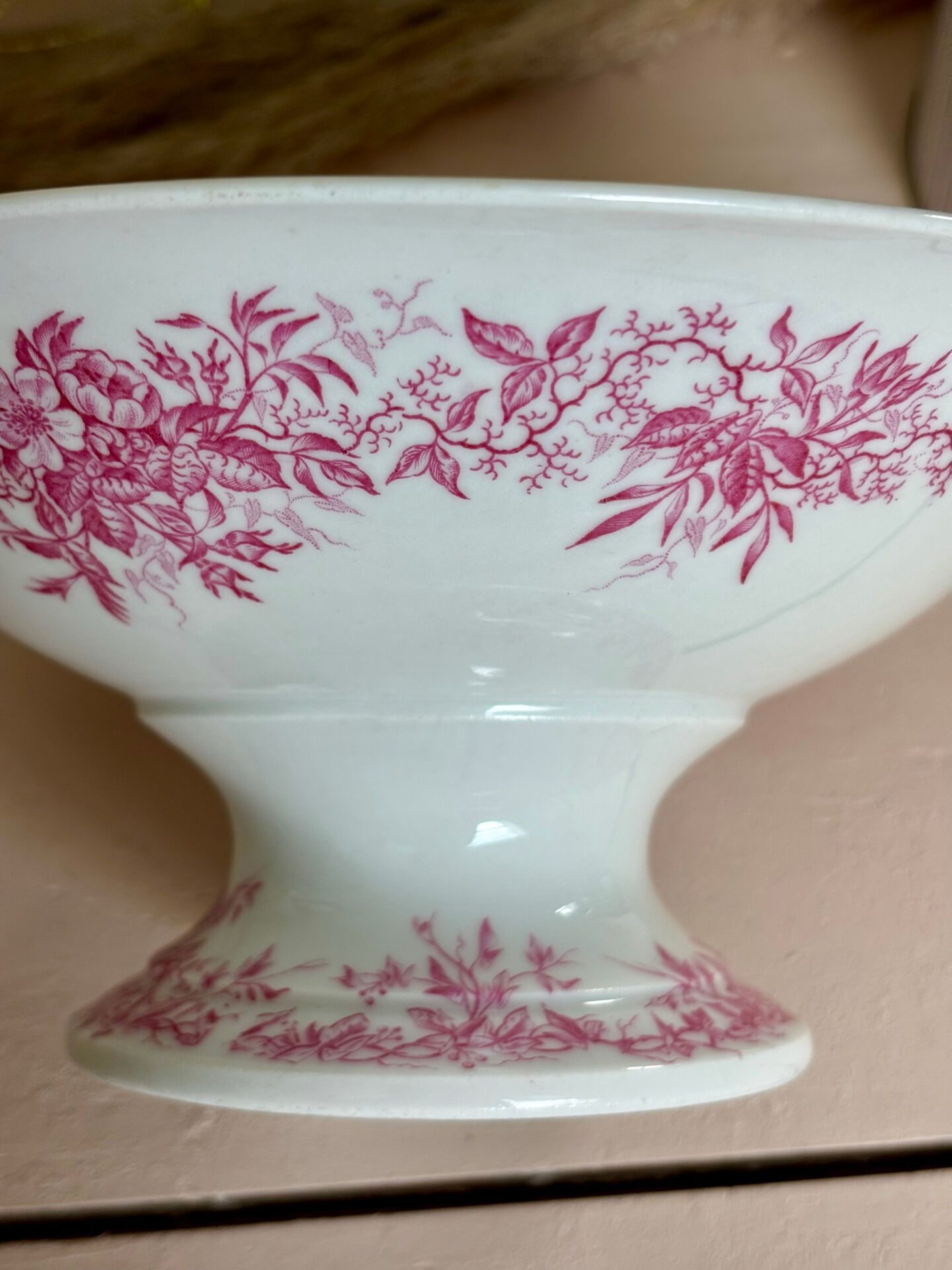 Magnificent antique compote fine porcelain with pink floral decoration.
