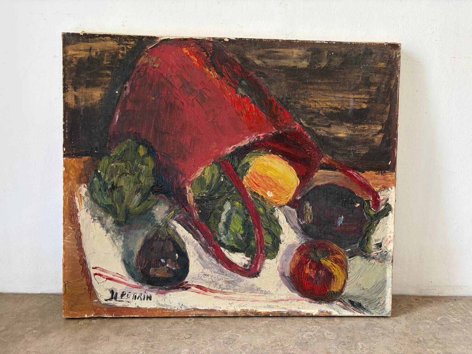 Retour du marché, huile sur toile signée Perrin
