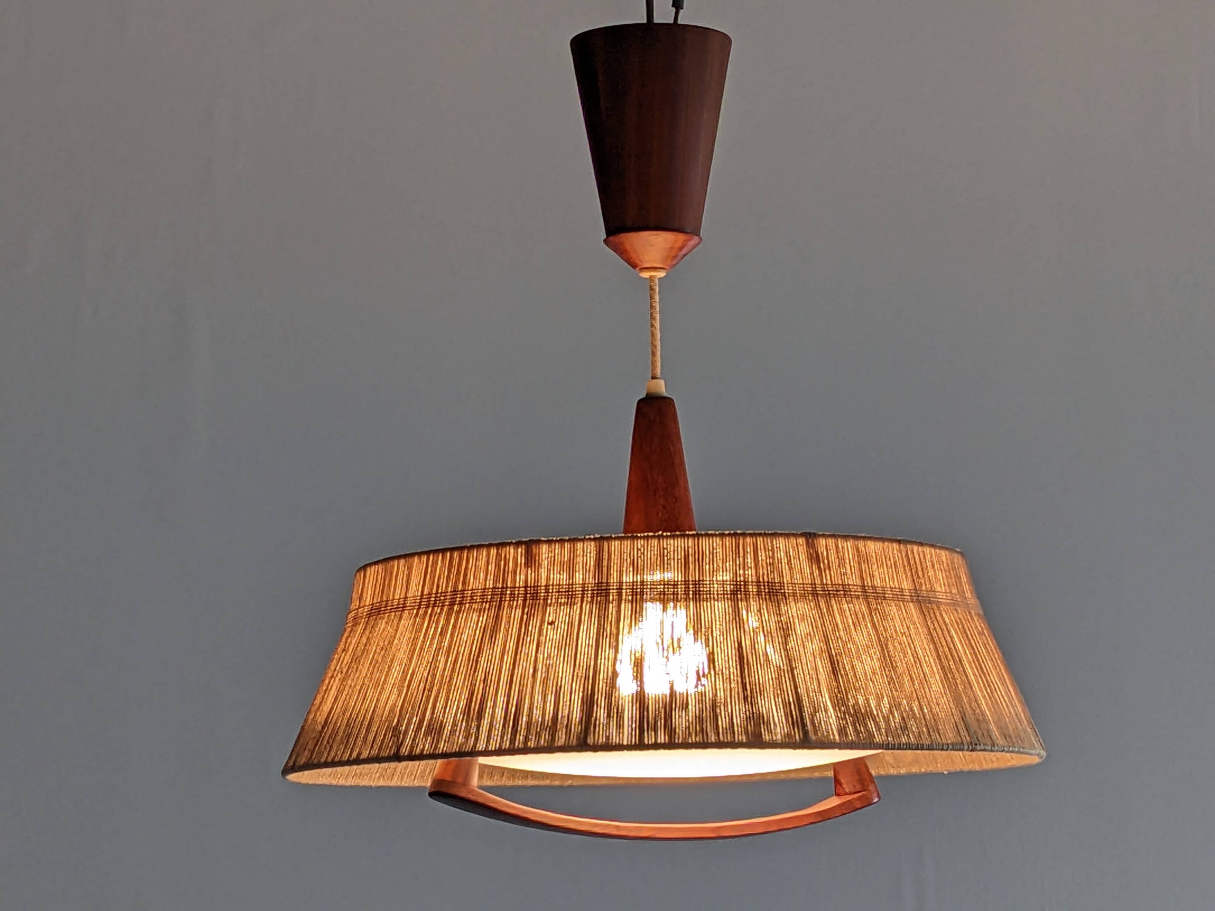 Teak and sisal pendant light from the 50s/60s by Temde Leuchten