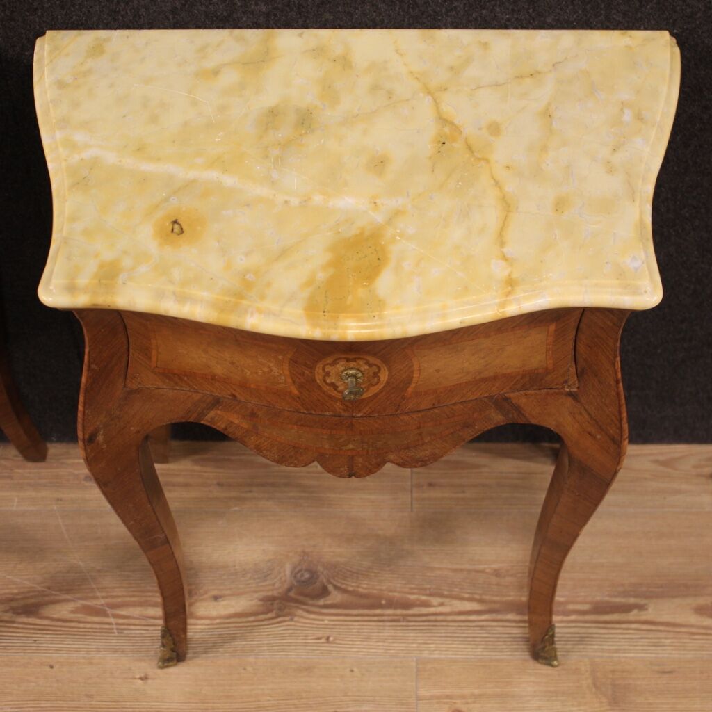 Pair of Italian inlaid bedside tables with marble top