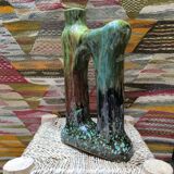 Tamegroute ceramic sculpture with central hole - Handmade unique green Tamegroute pot -