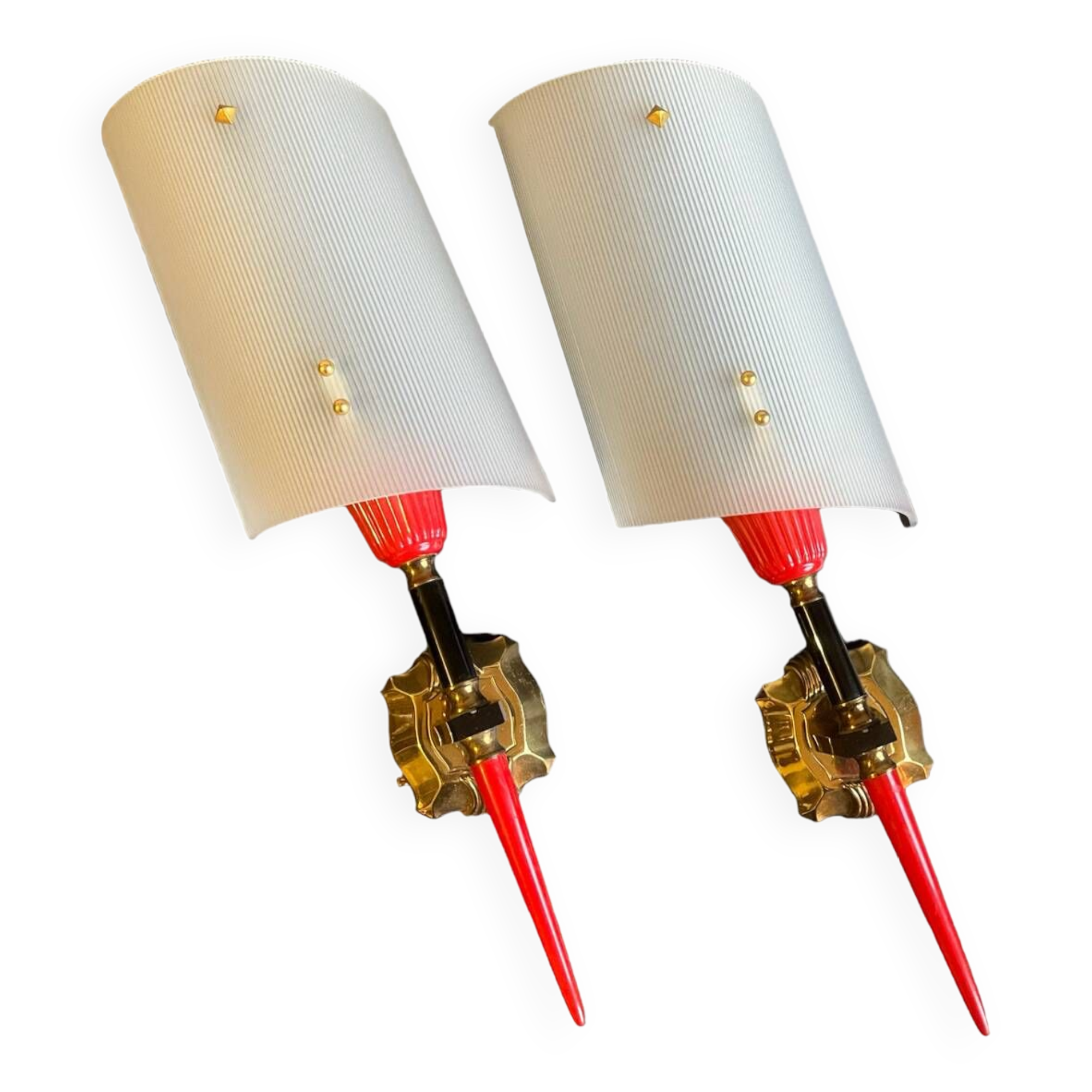Pair of circa 70s plastic and brass wall lights