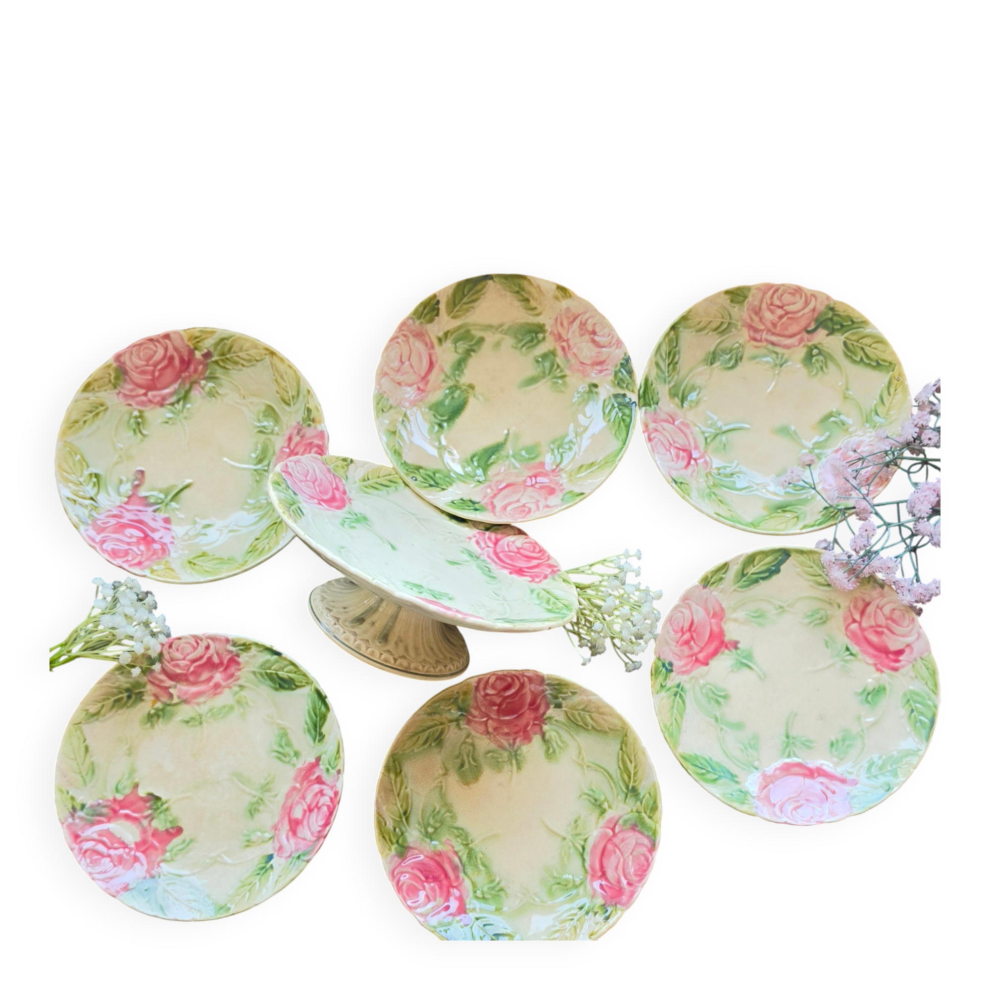 Exclusive antique dessert service in faience/terracotta with slip from 1900.