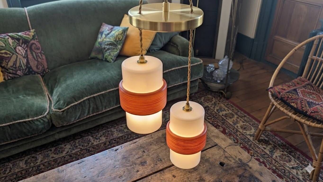 Pair of opaline lampshades, wood imitation decor from the 60s.