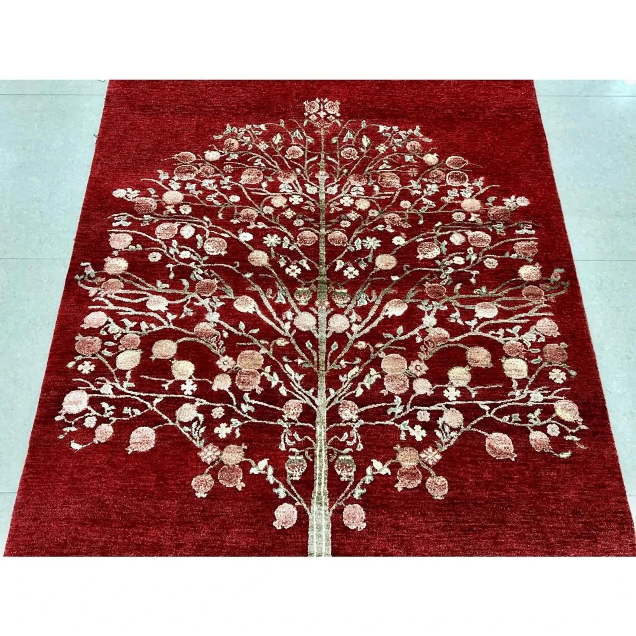 Hand-Knotted Red Area Rug with Botanical Tree Design for Living Room