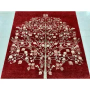 Hand-Knotted Red Area Rug with Botanical Tree Design for Living Room