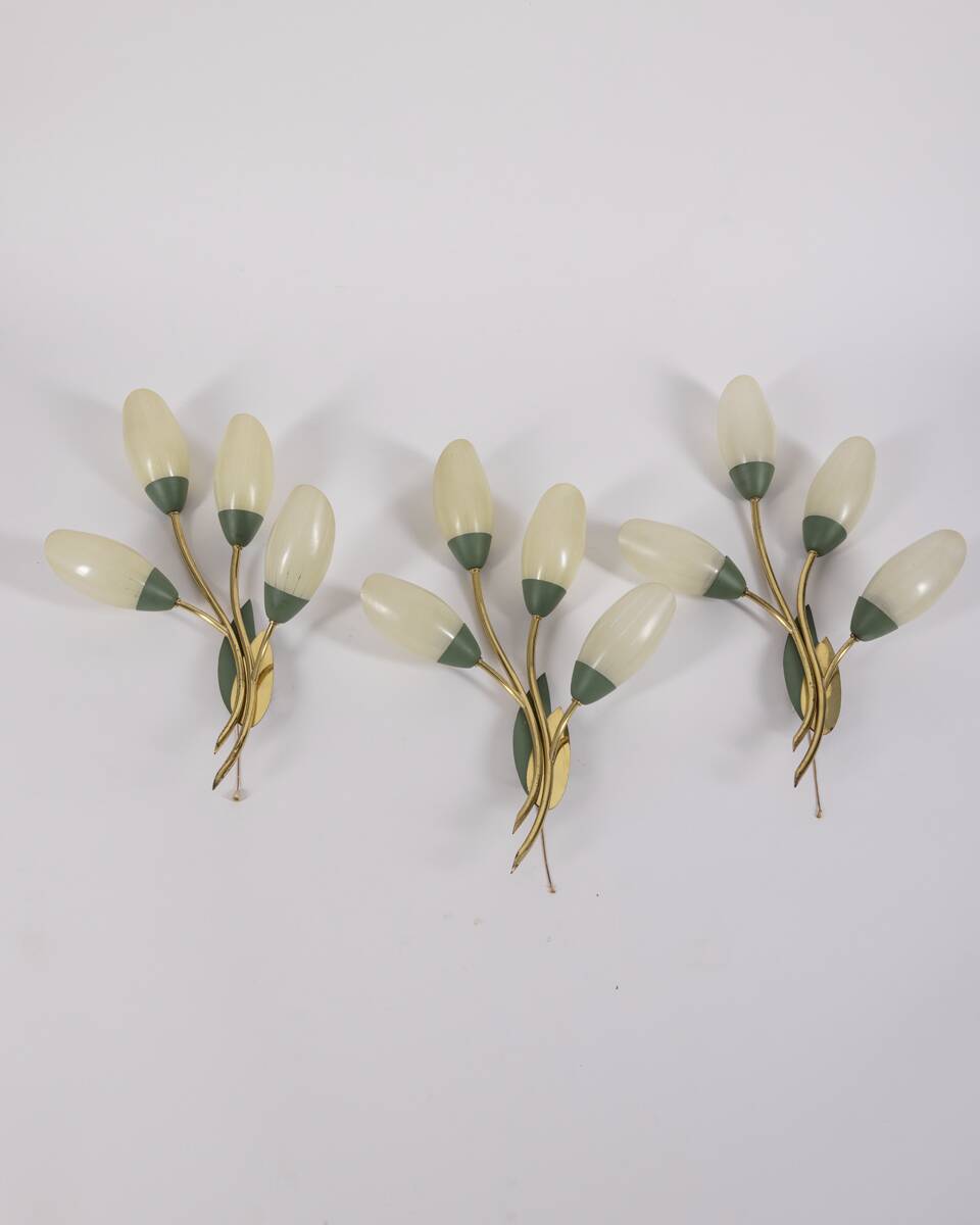 Set of 3 Vintage 1950s Wall Sconces in Floral Style, Italian Design