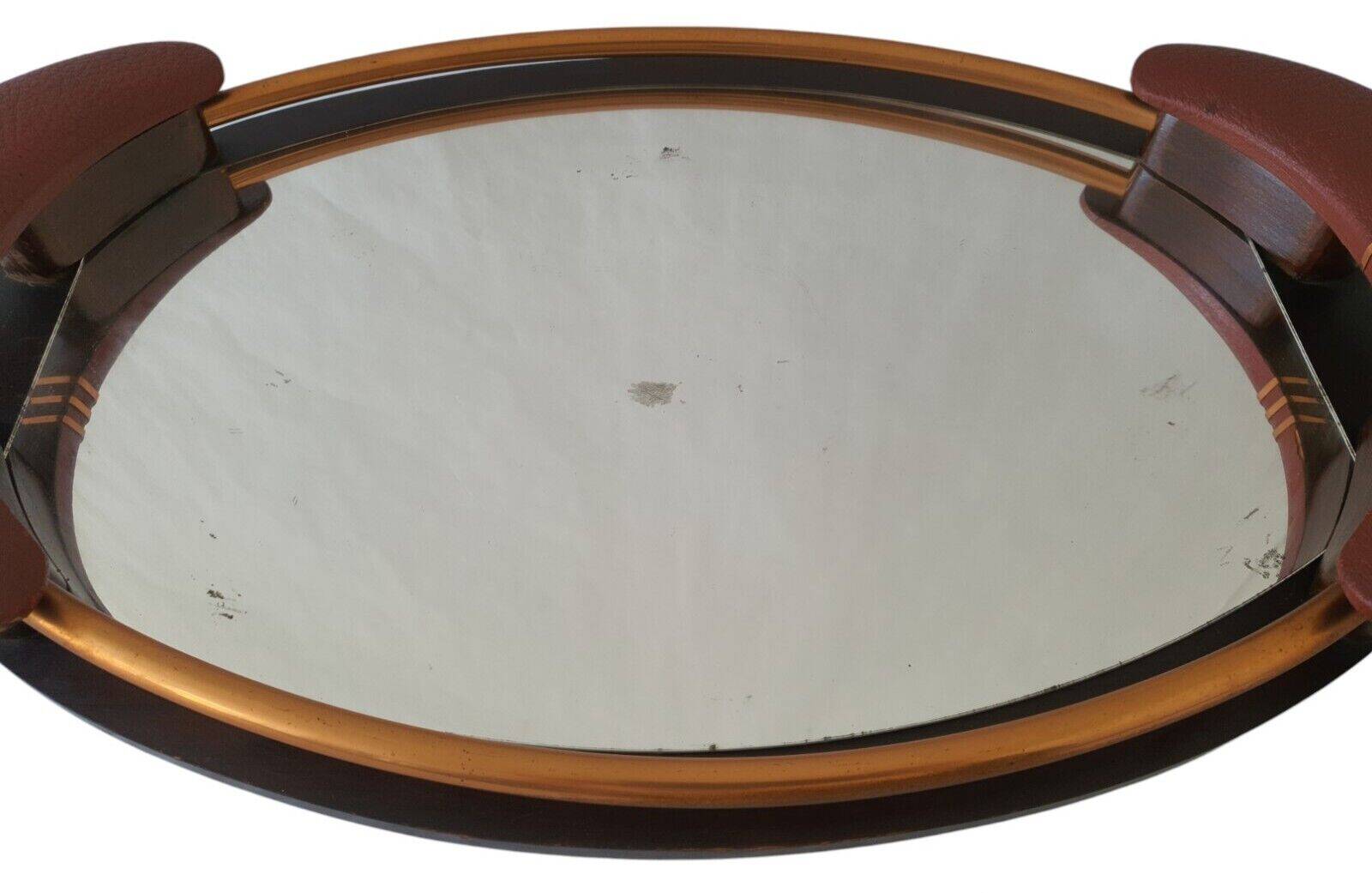 Old Superb Art Deco Style Tray Mirror Handle In Leather Or Faux Vintage