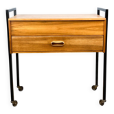 Wheeled sewing box, walnut with tubular steel legs, 1960s