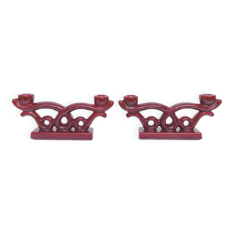Pair double candle holders Art Deco red ceramic burgundy