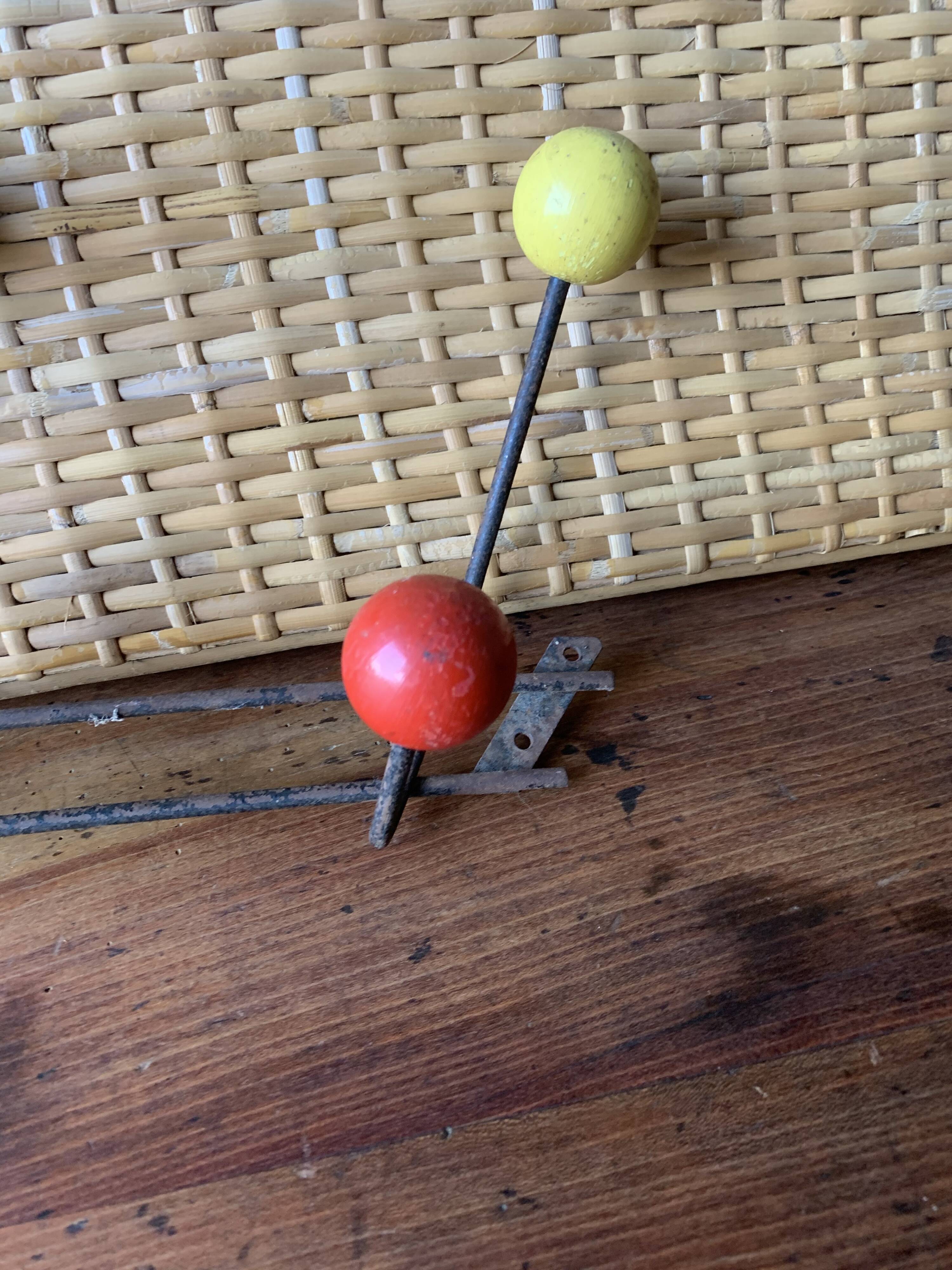 Metal coat rack with wooden balls, 8 hooks, 1950